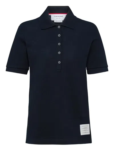 Thom Browne Four-bar Striped Rib-cuffs Polo Top In Blue