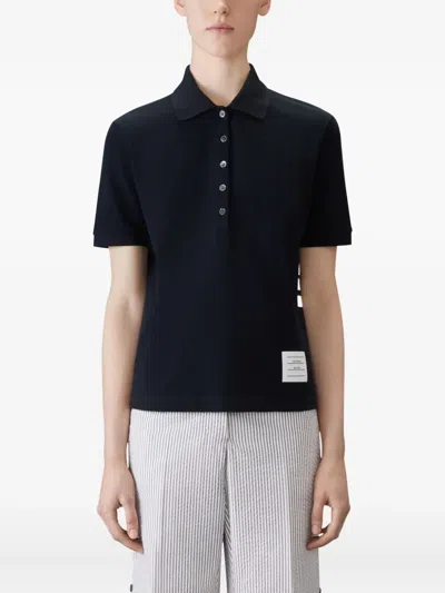 Thom Browne Four-bar Striped Rib-cuffs Polo Top In Blue