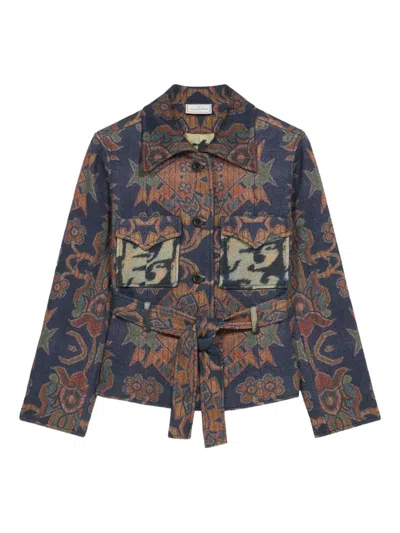 Pierre-louis Mascia Tapestry-pattern Belted Jacket In Blue