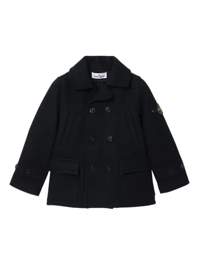 Stone Island Blue Mélange Double-breasted Coat In Black