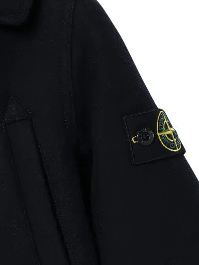 Stone Island Blue Mélange Double-breasted Coat In Black