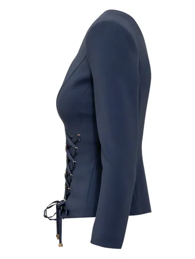 Elisabetta Franchi Lace-up Zip-front Jacket In Blue