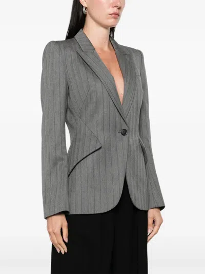 Alexander Mcqueen Herringbone Striped Single-breasted Blazer Jacket In Gray
