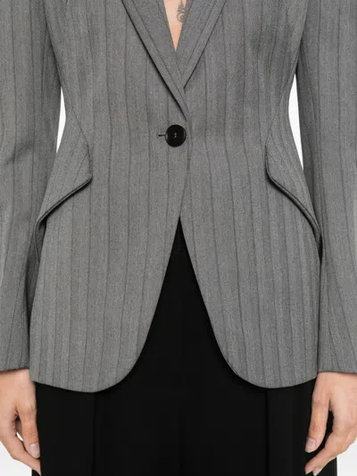 Alexander Mcqueen Herringbone Striped Single-breasted Blazer Jacket In Gray
