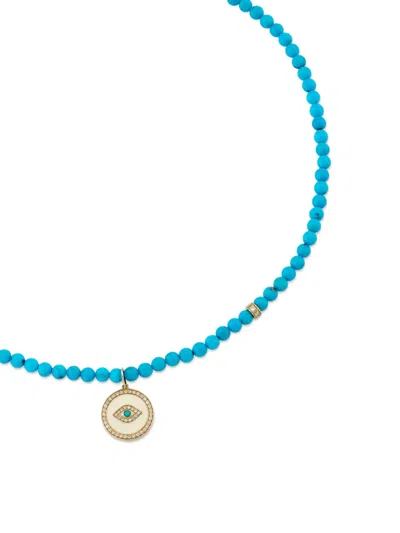 Sydney Evan 14k Yellow Gold Evil Eye Diamond And Turquoise Necklace In Blue