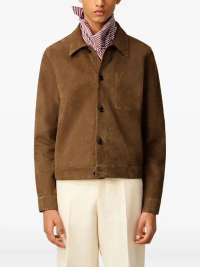 Ami Alexandre Mattiussi Mens Noisette Pointed-collar Embossed-logo Leather Jacket In Brown