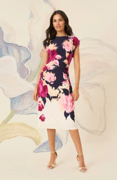 Maggy London Placement Print Cap Sleeve Midi Dress In Blue
