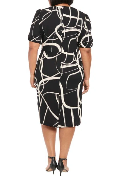 London Times Puff Sleeve Tie Waist Midi Dress In Black