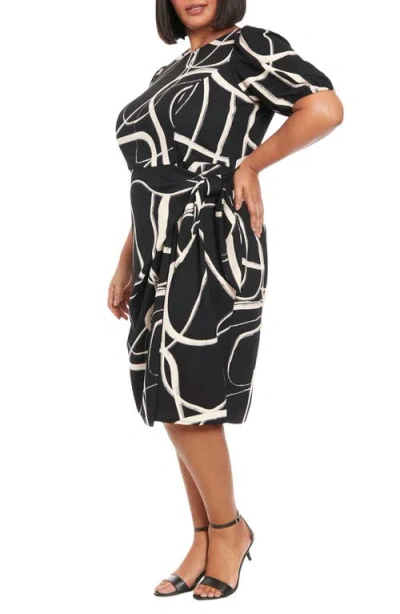 London Times Puff Sleeve Tie Waist Midi Dress In Black