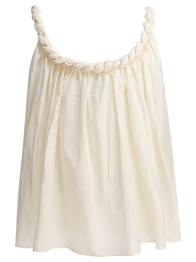 Loulou De Saison Gathered Beige Top With Braided Strap And Flowing Silhouette In Neutral