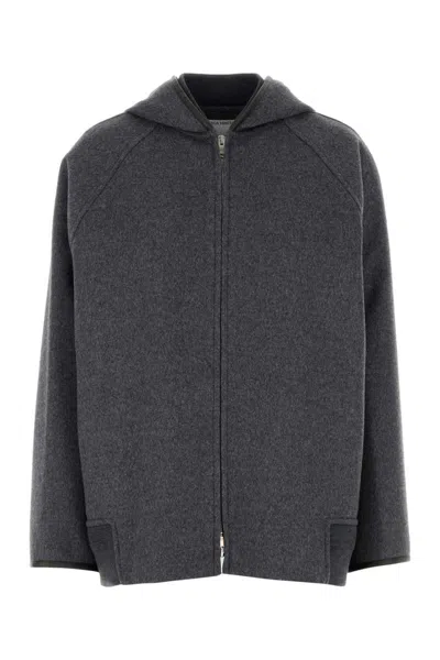 Bottega Veneta Women Double Face Wool Hooded Blouson With Leather Piping In Gray