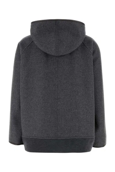 Bottega Veneta Women Double Face Wool Hooded Blouson With Leather Piping In Gray
