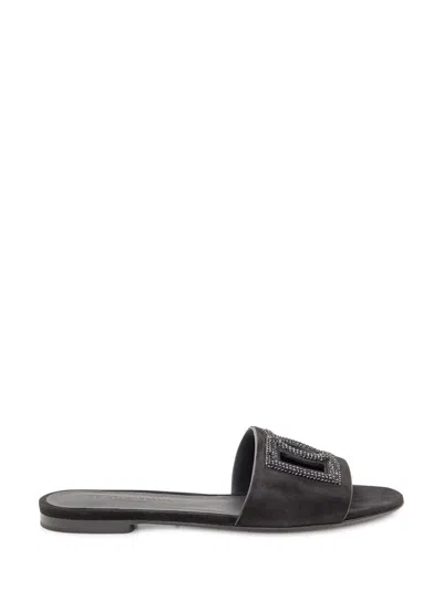 Dolce & Gabbana Black Goat Leather Slides With Signature Dg Logo In Black