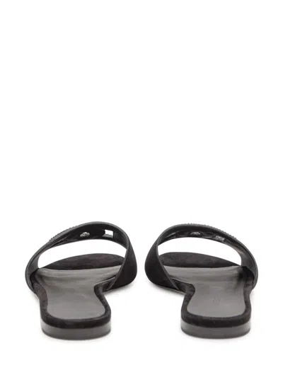 Dolce & Gabbana Black Goat Leather Slides With Signature Dg Logo In Black