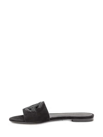 Dolce & Gabbana Black Goat Leather Slides With Signature Dg Logo In Black