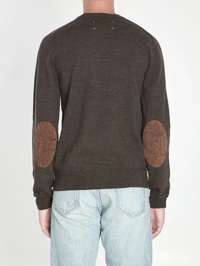 Maison Margiela Men Wool Sweater With Patches On Elbow In Brown