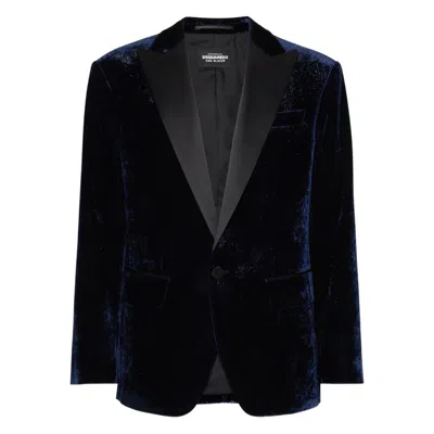 Dsquared2 Velvet Blazer With Front Pockets And Notch Lapel In Blue