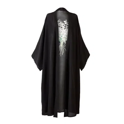 Silk&soul Women's Black / Green Lily Of The Valley Silk Robe