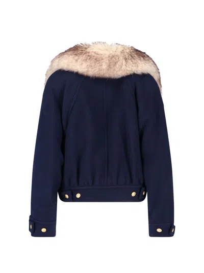 Chloé Crop Double Breasted Coat With Genuine Shearling Collar In Blue