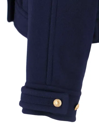 Chloé Crop Double Breasted Coat With Genuine Shearling Collar In Blue
