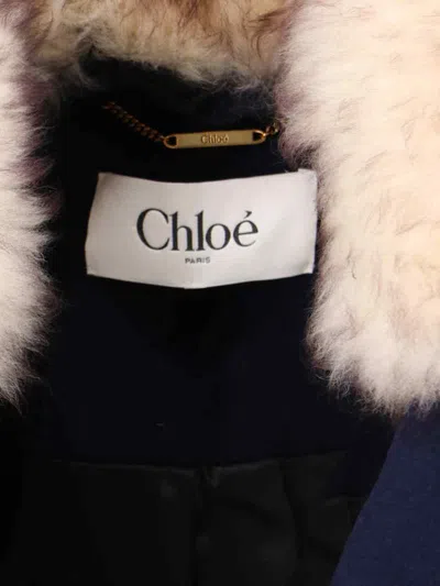 Chloé Crop Double Breasted Coat With Genuine Shearling Collar In Blue