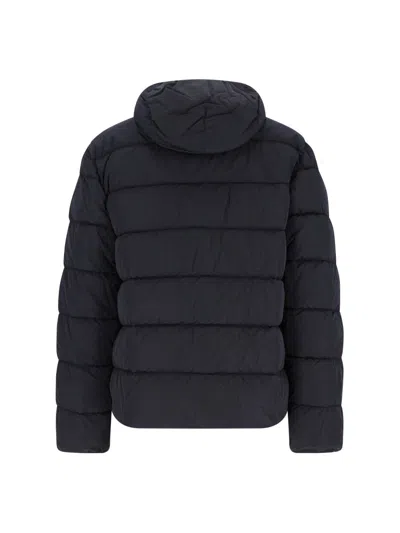 C.p. Company Blue Down Jacket With Fixed Hood And Logo Plaque On The Sleeve In Tech Fabric Man