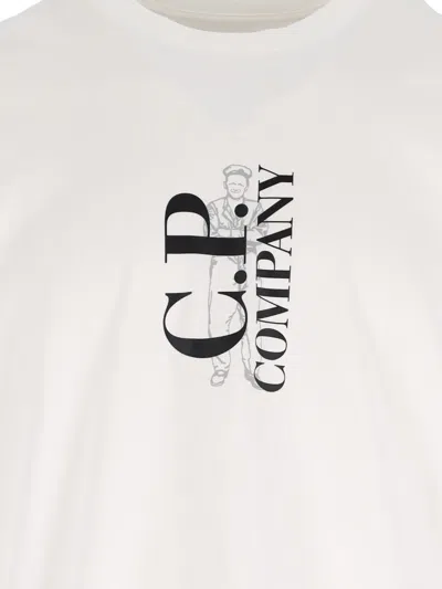 C.p. Company White T-shirt With Vertical Logo Printed On The Front In Cotton Man