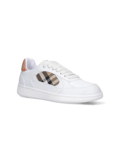 Burberry Terrace Sneakers In Leather And Beige Check Men In White