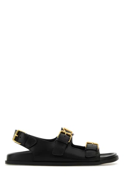 Valentino Leather Sandals With Flat Sole And Gold-tone Hardware In Black