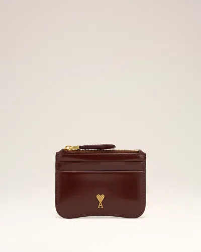Ami Alexandre Mattiussi Burgundy Glazed Leather Paris Paris Zipped Card Holder Red