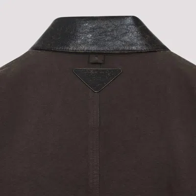 Prada Canvas Cotton Jacket Leather Collar In Brown