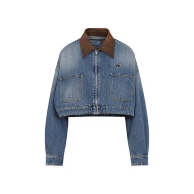 Prada Cropped Jacket With Dropped Shoulders And Puffed Sleeves In Blue