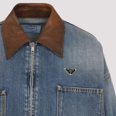 Prada Cropped Jacket With Dropped Shoulders And Puffed Sleeves In Blue