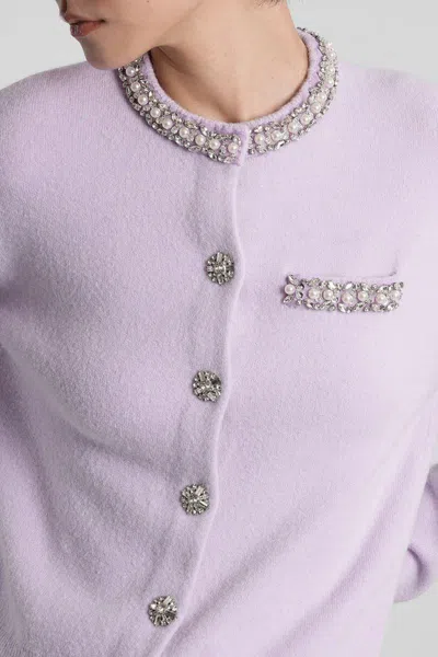 Self-portrait Womens Round-neck Crystal-embellished Knit Cardigan Lilac