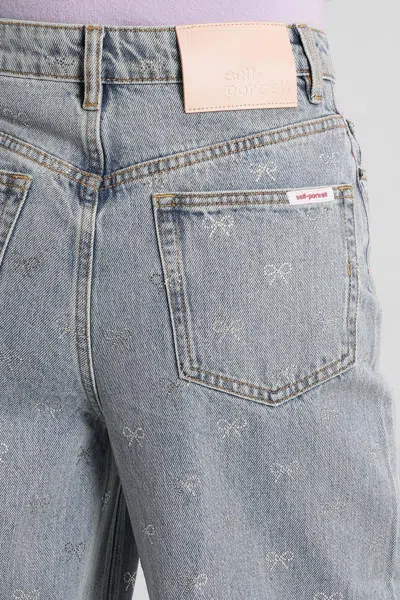 Self-portrait Light-blue Wide-leg Cotton Jeans With Bow In Blue