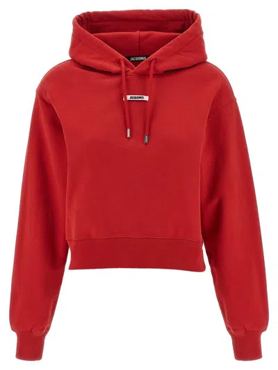 Jacquemus Cropped Hooded Drawstring Top In Red