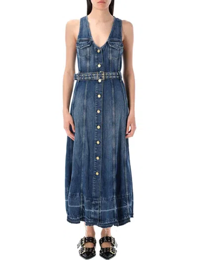 Ganni Blue Light Denim Belt Midi Dress In Blue