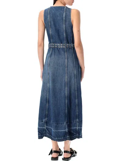 Ganni Blue Light Denim Belt Midi Dress In Blue