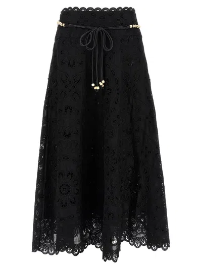 Zimmermann Zim Rhiannon Embroidered Scallop Hem Wblt Midi Skirt Black