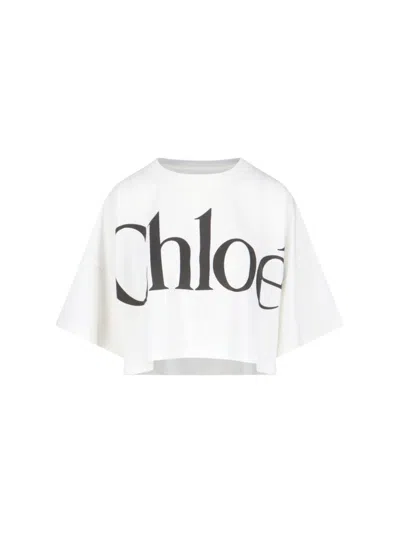 Chloé White Cropped Crewneck T-shirt With Maxi Logo Print On The Front In Cotton Woman