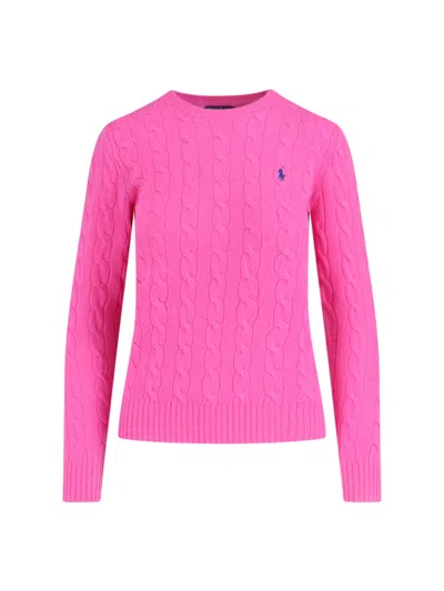 Polo Ralph Lauren Cable-knit Sweater With Blue Logo Embroidery In Pink