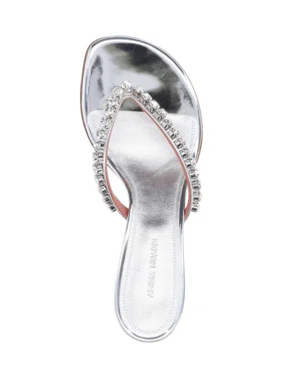 Amina Muaddi Silver Leather Gigi Thong Mules