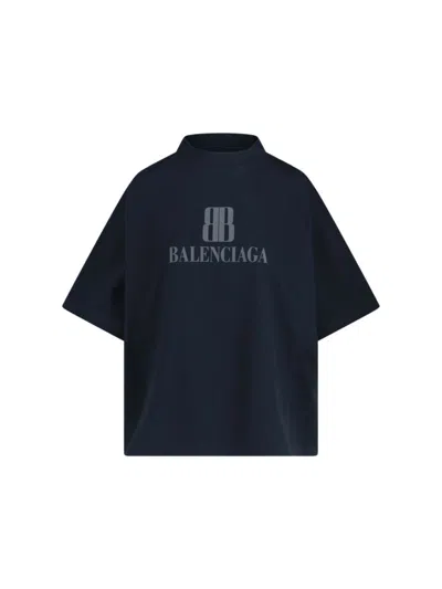 Balenciaga High-collar Black T-shirt With Logo Print In Blue