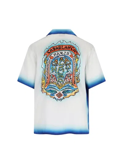 Casablanca White Shirt With Cuban Collar And Maxi Logo Printed On The Back In Silk Man