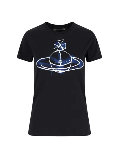 Vivienne Westwood Classic Black T-shirt With Iconic Orb Print In Blue