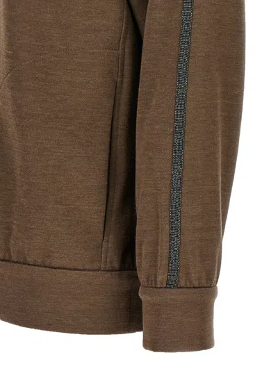 Brunello Cucinelli Brown Sweatshirt With Fixed Hood And Monil Detail On The Sleeve