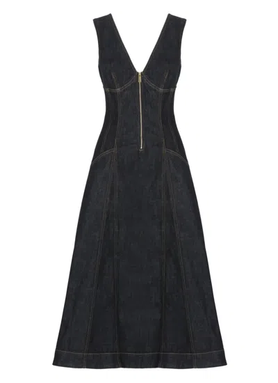 Self-portrait V-neck Denim Midi Dresses In Black