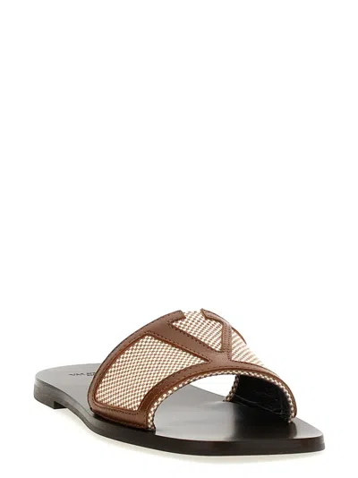 Valentino Star Leather Slide Sandals With Rubber Sole In Brown