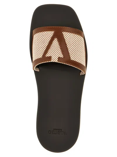 Valentino Star Leather Slide Sandals With Rubber Sole In Brown