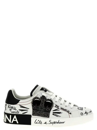 Dolce & Gabbana White Low Top Sneakers With Logo Patch On The Tongue And All-over Print In White